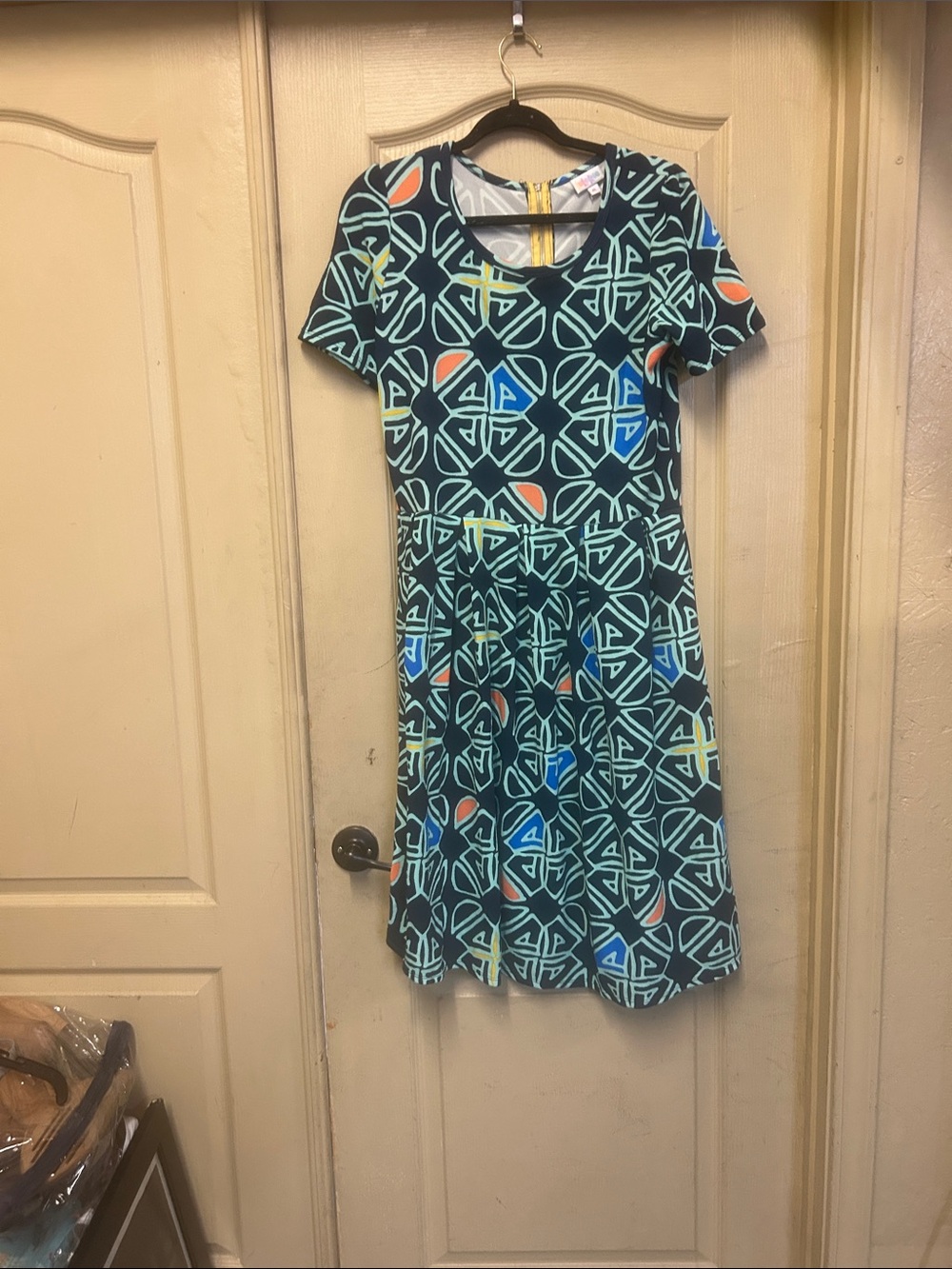 LuLaRoe Navy Geometric Midi Dress with Teal, Blue, Yellow, and Coral Accents